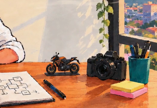 A desk corner with a model motorcycle, a camera, a notebook and coloured sticky notes.