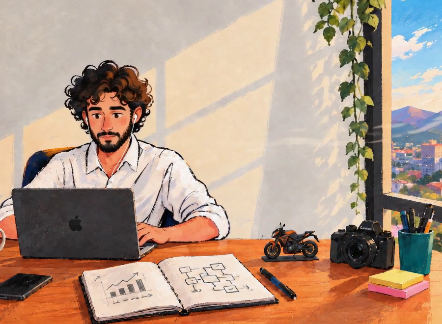 Koushal at his desk, working on a laptop beside a notebook, with a window looking over the hills.